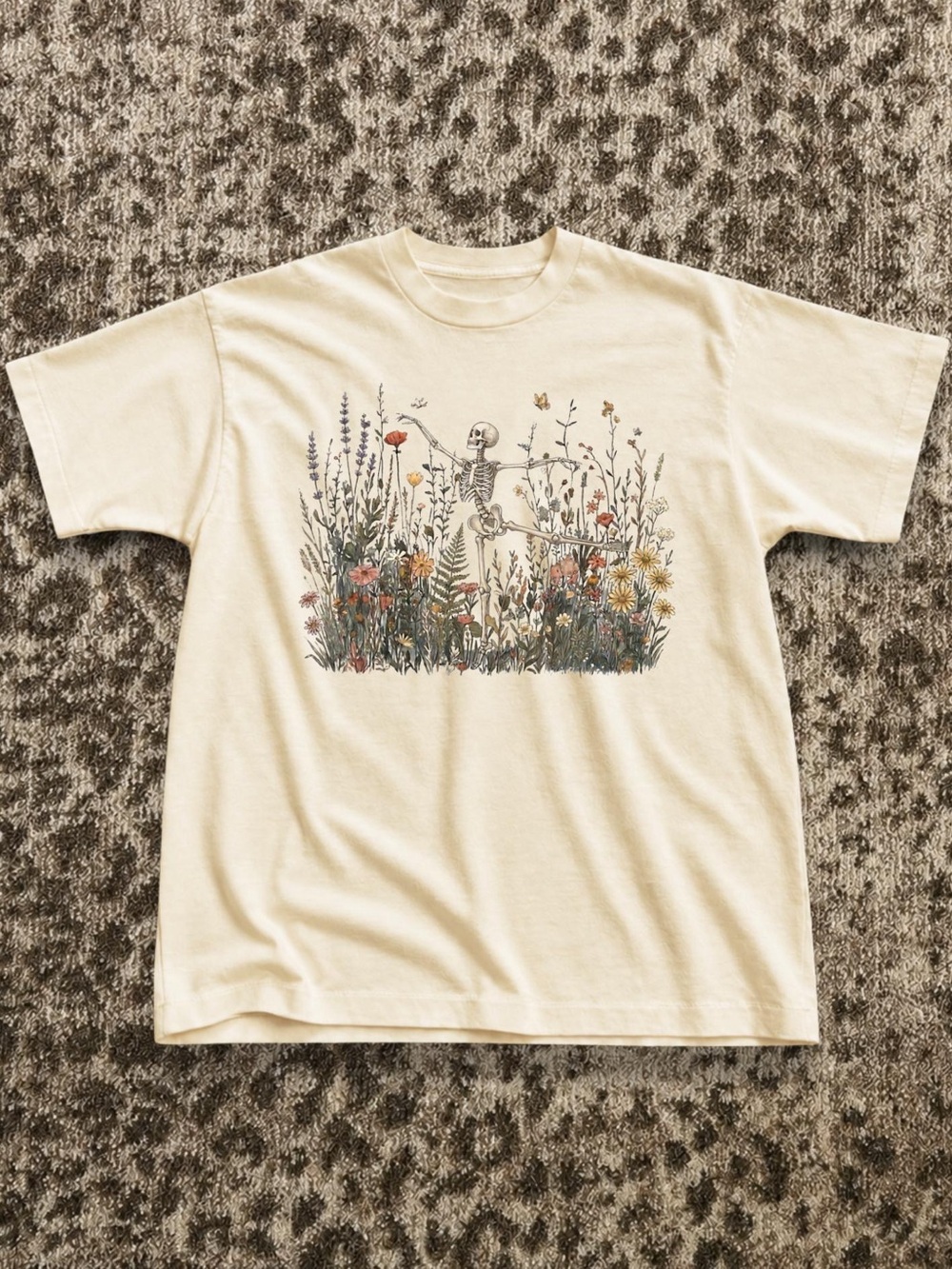 Skeleton Dancing in Wildflowers Botanical Graphic Tee Cottagecore Nature Shirt